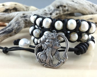 Black leather wrap bracelet cultured white near round pearl snake knot bracelet with metal button, beachy, casual, natural, adjustable