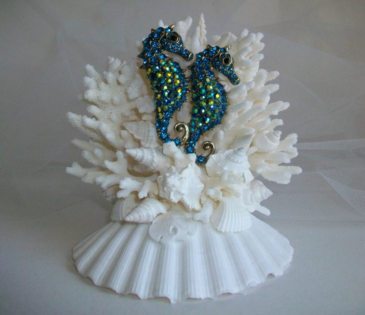 Beach Theme Wedding Cake Topper with Blue Seahorses Seahorse