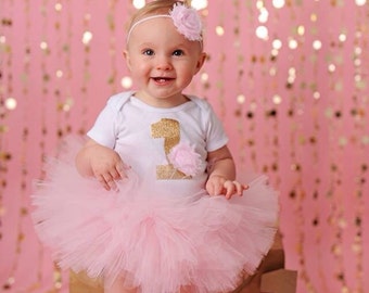 Pink Birthday Tutu - Baby Girl Birthday Outfit - 1st Bday Girl Outfit - Light Pink and Gold Bday Tutu - 1st Birthday Outfit - Girl 1st Bday