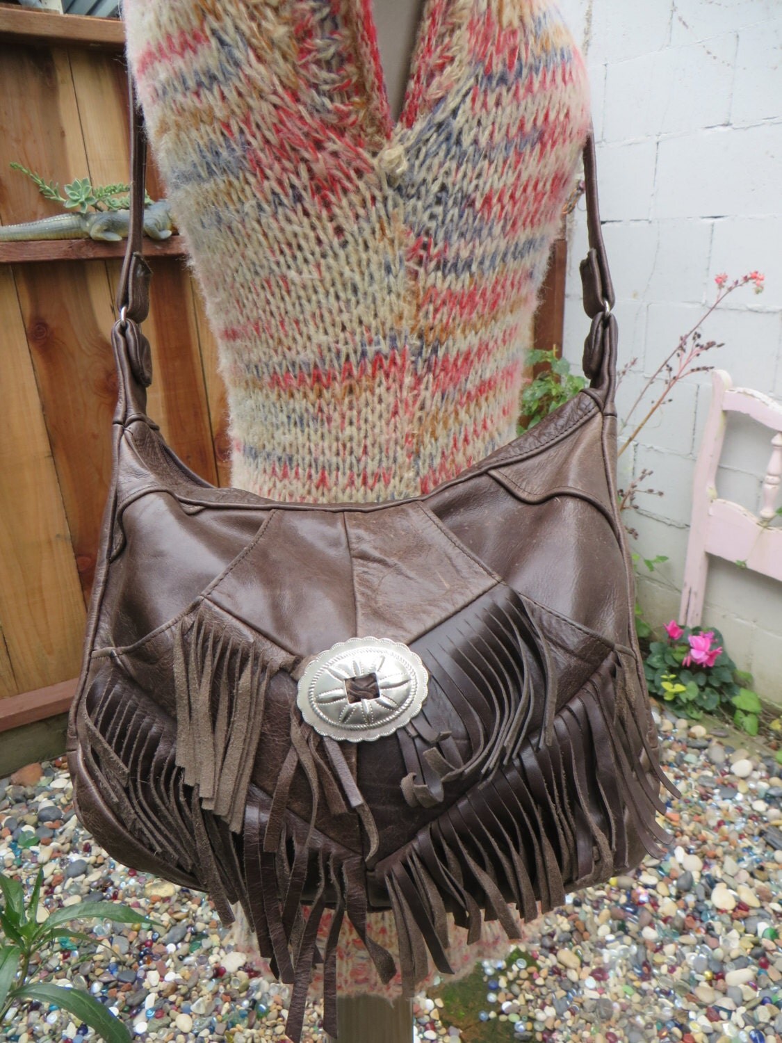 Vintage 1980s Oiled Leather Hobo Fringe Satchel Bag Concho