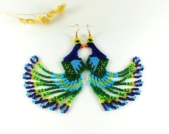 Peacock earrings Peacock wedding jewelry Bird earrings Blue earrings Peacock feather earrings Boho earrings Statement earrings Peafowl