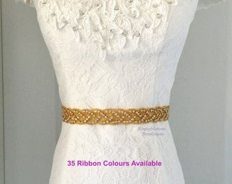 Gold Sash-Gold Rhinestone Sash-Gold Wedding Sash-Rhinestone Belt-Gold Beaded Sash-Crystal Bride Belt-Loops Gold Beaded Rhinestone Sash