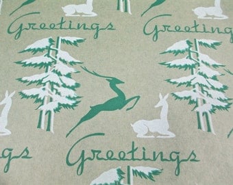 4 Yards 1940's Antique Deer Wrapping Paper Vintage Tree art Deco Greetings Moderne Gift Wrap