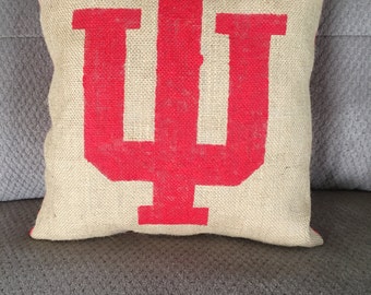 Indiana University burlap pillow, decorative pillow, painted burlap red, shabby chic pillow, hoosier pillow
