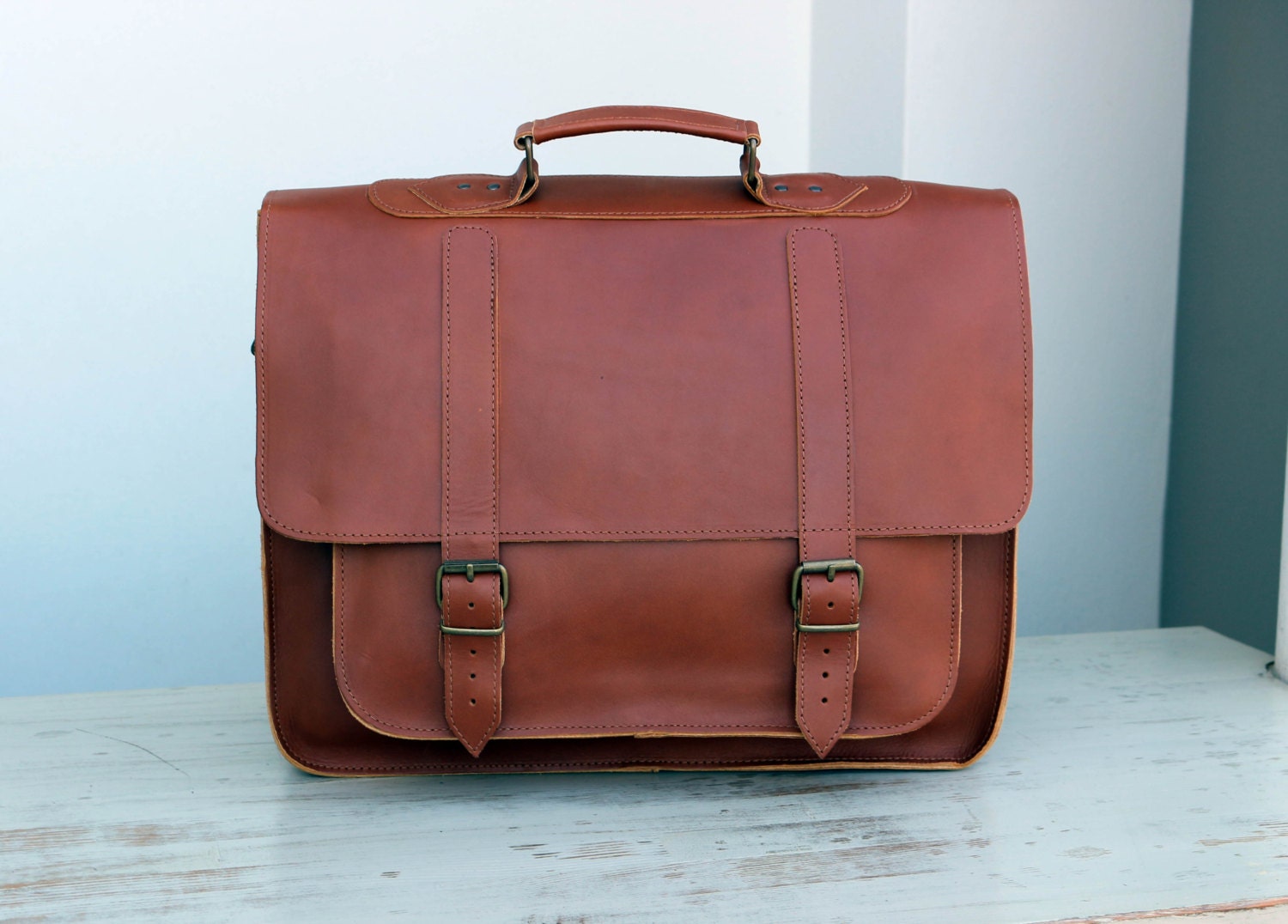 Leather Messenger Bag 17 inch Laptop Bag Caramel Leather