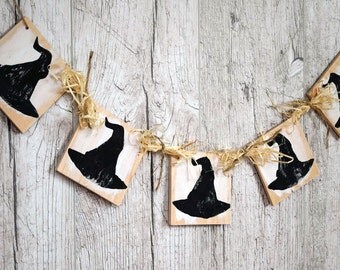 Halloween garland Witch banner Halloween Witch Hat Wooden banner Halloween decorations Halloween window decoration Halloween banner