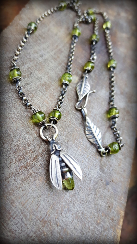 Firefly Necklace Beaded with Gems Sterling Peridot Firefly
