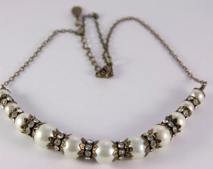 Pearl Diamante Choker Modern Necklace with Bronze Rhinestone Accent