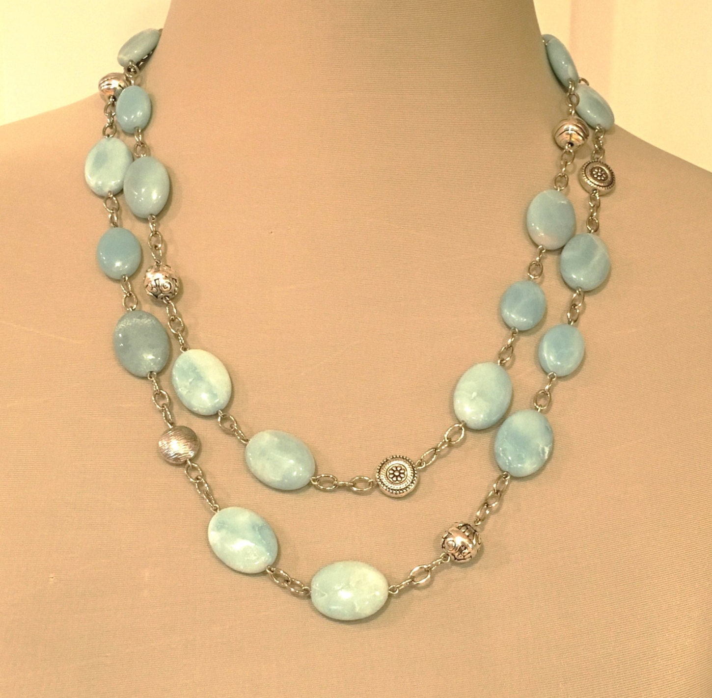 Amazonite Beaded Necklace Long Beaded Necklace Blue Gemstone