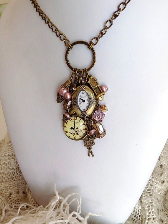Victorian Style Clock Necklace Watch Charm Necklace Pink Pearl