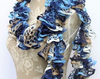 Blue Crochet Scarf, Crochet Ruffle Scarf, Blue Ruffle Scarf, Crochet Scarf, Frilly Scarf, Blue Scarf, Fashion Scarf, Crochet, Birthday Gift