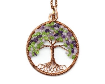 Amethyst necklace Amethyst pendant Peridot necklace Tree-of-Life Pendant Tree-of-Life Necklace Wire wrapped jewelry Copper tree Gift