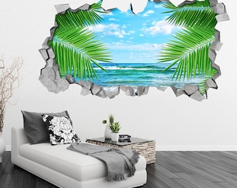 Palm Leaf and Sea - 3d Wall - 3d Wall Art - Wall Sticker - Wall Decal - 3d Wallpaper - 3d wall decals - 3d printed - 3d art - SKU: LESE3DW