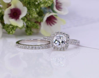 2.0ct Halo Engagement Ring, Wedding Ring Set, Sterling Silver Wedding Ring, Cushion Cut Ring, Cubic Zirconia Ring