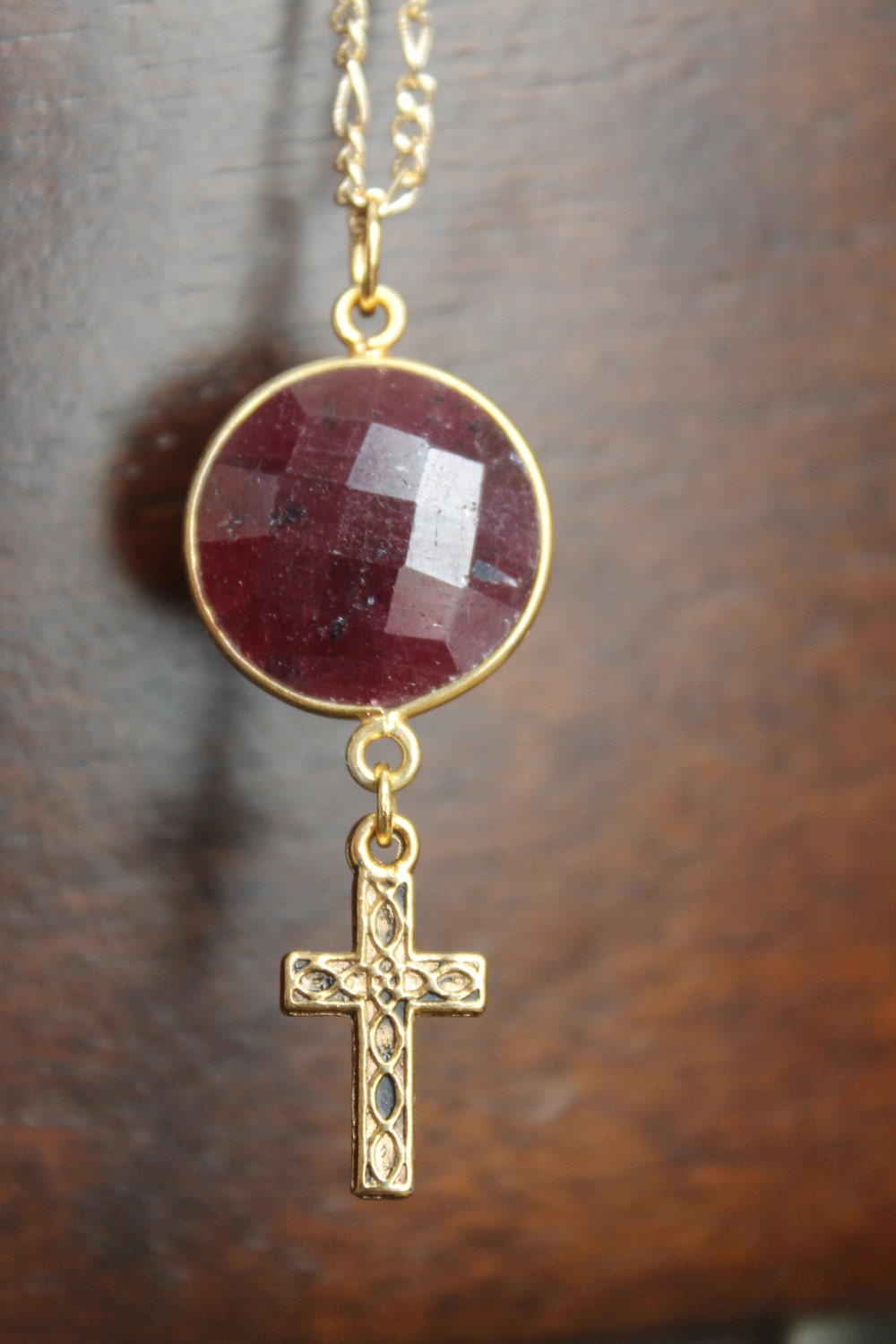 Dyed Ruby Gold Cross Necklace