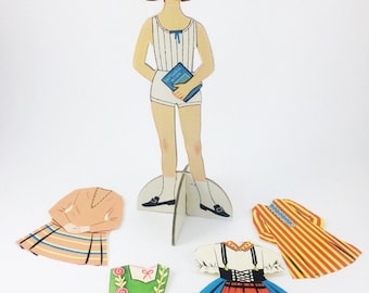 Vintage paper doll,paper doll decoration with 4 outfits, German paper doll, girls bedroom decor