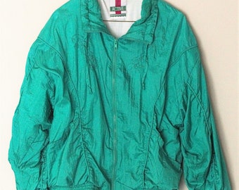 Vintage Green Windbreaker Jacket Zip Up by Active Exposure Size XL (3P) Womans Bomber Jacket 1990's/1980's