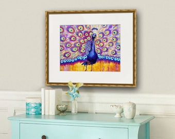 peacock picture | peacock decor | bird artwork | peacock art | peacock artwork | peacock paintings | purple teal blue gold yellow art PRINT