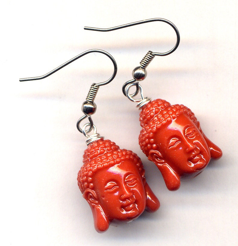 Buddha Earrings Brick Red Buddha Head Earrings Yoga Zen