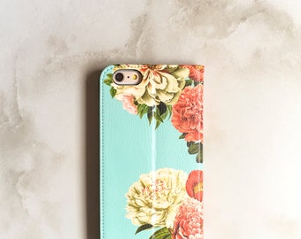 iPhone 7 Wallet Case Peony Bunch on Blue, iPhone 6S Plus Floral Womens Wallet