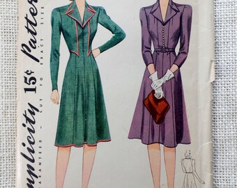 Vintage Pattern Simplicity 3948 1940s shirtwaist dress Bust 34 1941 pre war era Faux bolero 8040