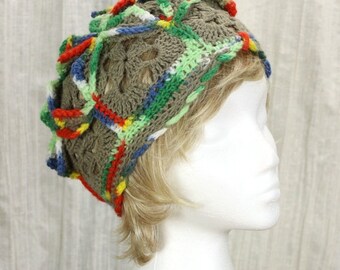 Crochet chemo hat Womens granny squares cap Crocheted flower beanie Cancer hat Orange gray chemo headwear Hippie boho hat
