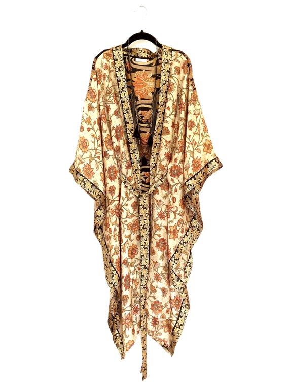 Silk kimono kaftan / beach cover up / in cream black and gold