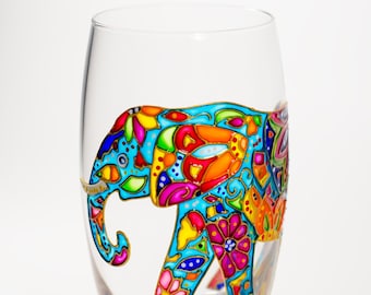 Elephant Wine Glass Hand Painted Drinking Glasses, Stemless Wedding Glasses Bohemian Elephant, school supplies pencil holder