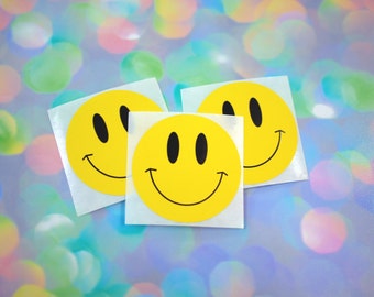 Vintage 90s Smiley Face Stickers / Cute Retro Yellow Smiley Face Stickers for Crafts, Scrapbooking, Decorating / Set of Three Stickers