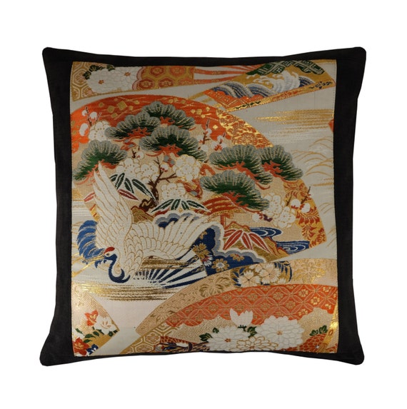 Japanese Silk Pillow Cover 16x16 Lucky Crane by Diversecushions