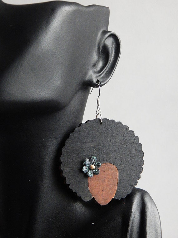 Afro Natural Hair Earrings Black Afro Lady Jewelry Wood
