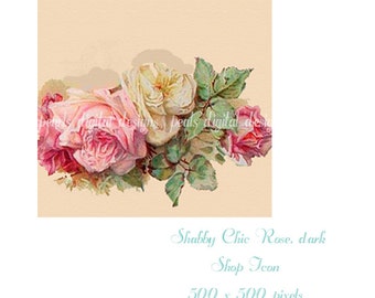 Shop Icon, Shabby Chic Dark Rose, instant download, blank file, roses, pink, ivory, green, peach, 500 x 500 pixels,