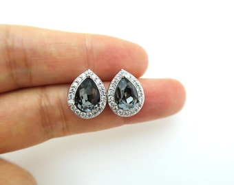 Silver Night Black Earrings Swarovski Crystal Teardrop Stud Earrings Wedding Jewelry Bridesmaid Gift Black Earrings (E300)