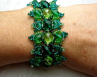 Designer Cuff Bracelet embroidered couture peridot and emerald green Czech glass beads