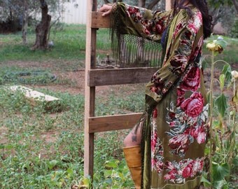 Boho Festival Kimono - Green Kimono Jacket - Fringe Jacket - Silk Kimono - Floral Rose Kimono - Festival Clothing - Hippie Fringe Jacket