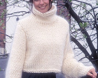 White sweater cropped sweater mohair sweater hand knit sweater knit women sweater wool sweater turtleneck sweater long sleeve chunky sweater