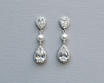 Swarovski Pearl Cystal Bridal Earrings, Crystal and Swarovski Pearl Stud Wedding Earrings, Pearl Drop Earrings, Jewelry, Swarovski, CHERYL