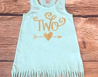 Second Birthday Dress Baby Girl Gold Glitter Birthday Outfit Toddler Girls Gold Sparkle Tank Top Two Years Old Birthday Shirt Fringe Dress