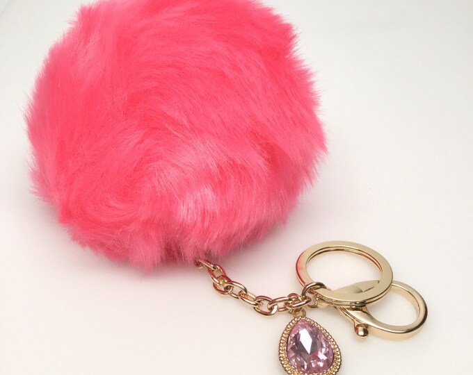 NEW! Faux Rabbit Fur Pom Pom bag Keyring keychain artificial fur puff ball in Hot Pink Crystals Collection