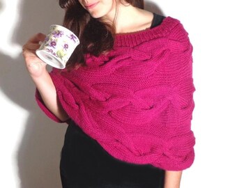 Fushia cabled poncho, dark pink poncho, fushia poncho, acrylic fushia poncho, cosy poncho, pink shrug, fushia capelet, pink capelet