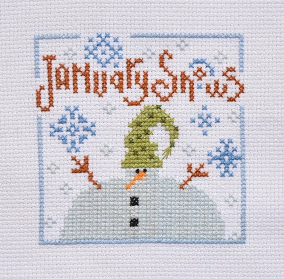 Decorative calendar January - Snowmen decoration - Winter wall decor - Completed cross stitch - Winter ornament - Cross stitch picture