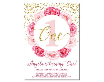 1st birthday invitation, blush pink & gold glitter confetti, girl's birthday invitation, floral printable invitation, ANY AGE