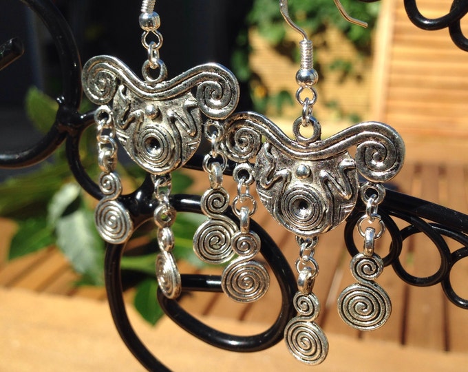Boho style Tibetan silver earrings, boho earrings, swirling earrings with silver ear hooks, triple swirl earrings, boho swirling earrings