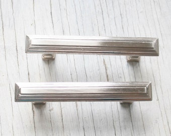 2 Vintage Silver Drawer Pulls, Cabinet Hardware, Retro Drawer Pulls, 3-in Center-to-Center Polished Nickel, Satin Nickel Bar Cabinet Pull