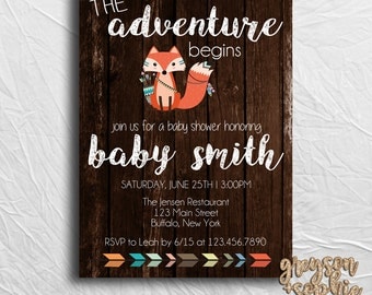 Woodland Tribal Themed Baby Shower Invitation, Fox Invitation, The Adventure Begins, Printable