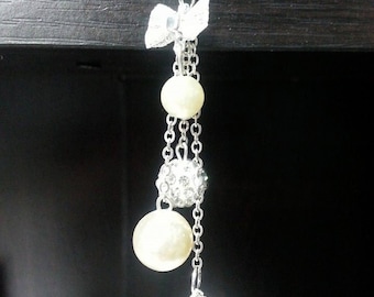 Silver Pearl Bow and Glitz Cell Phone Charm with Clear Stud Dust Plug 3.5mm Jack