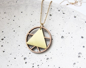 TRIANGLES wood - brass - long chain - sign-