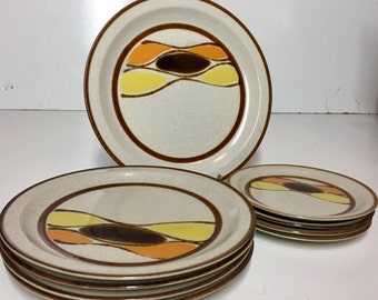 Vintage Mid Century Modern Zuma Serving Platter, Dinner Plates and Salad Plates by Kaleido International China Service for 4