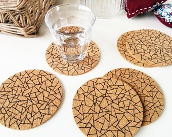 Cork coasters, Coasters cork, Round cork coasters, Triangle print, Coaster set, Geometric, Housewarming gift, Ink drawing, Set of 6 coasters