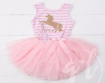 Unicorn birthday outfit, Fifth birthday outfit, 5th birthday dress, tutu dress with gold unicorn and pink tutu for girls 5th birthday